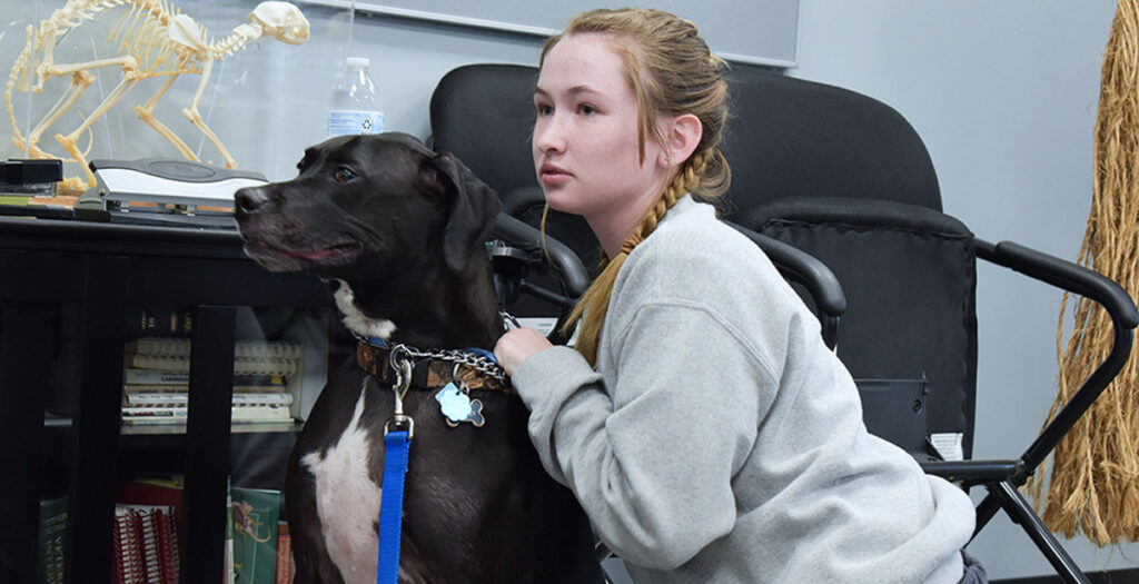 Caris College Vet Assistant student holding collar of black dog in classroom