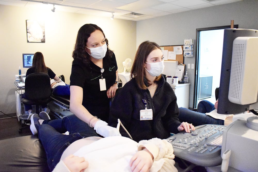 Sonography students practicing skills