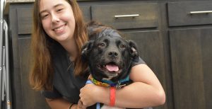 vet assistant hugging a dog